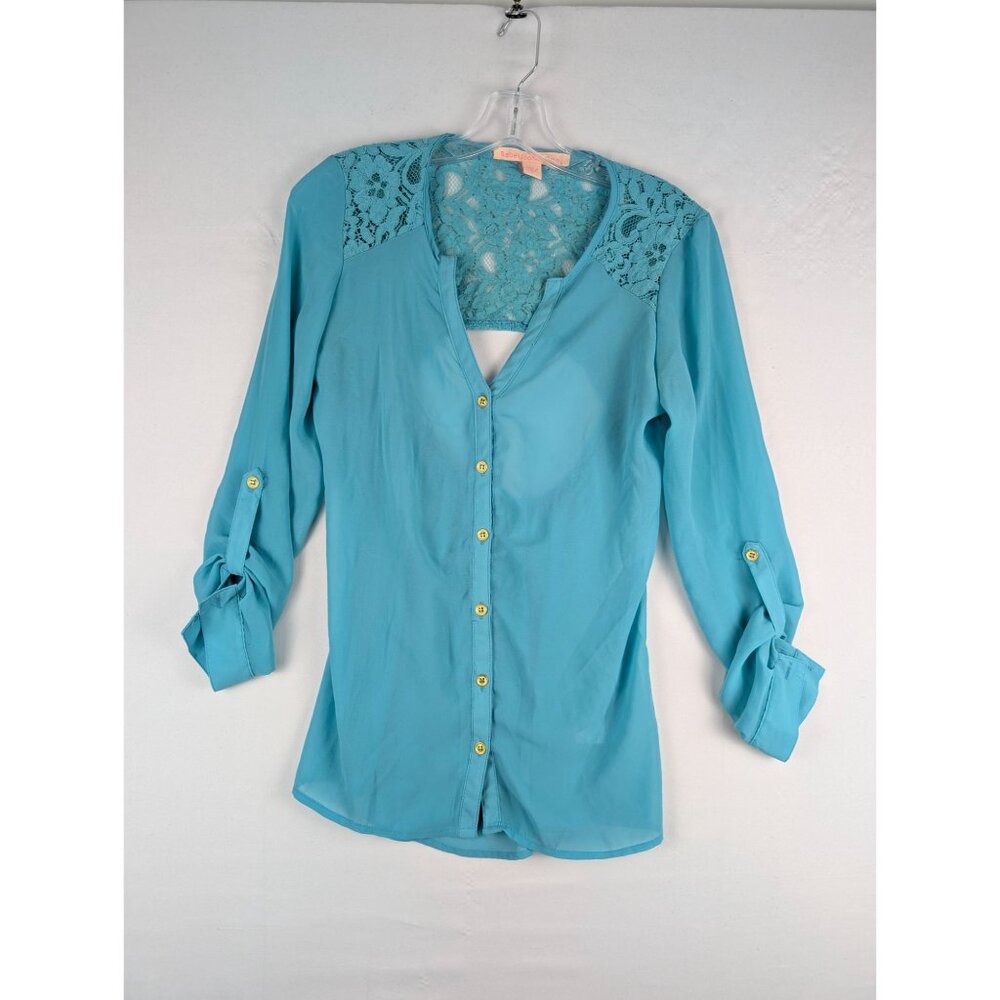Rebellious One Womens‎ Turquoise Button-Up Lace Open Back Blouse Size S